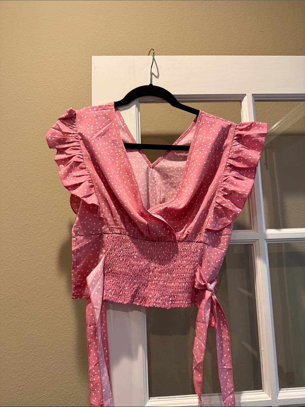 Pink Polka Dot Ruffle Wrap Blouse with Smocked Waist